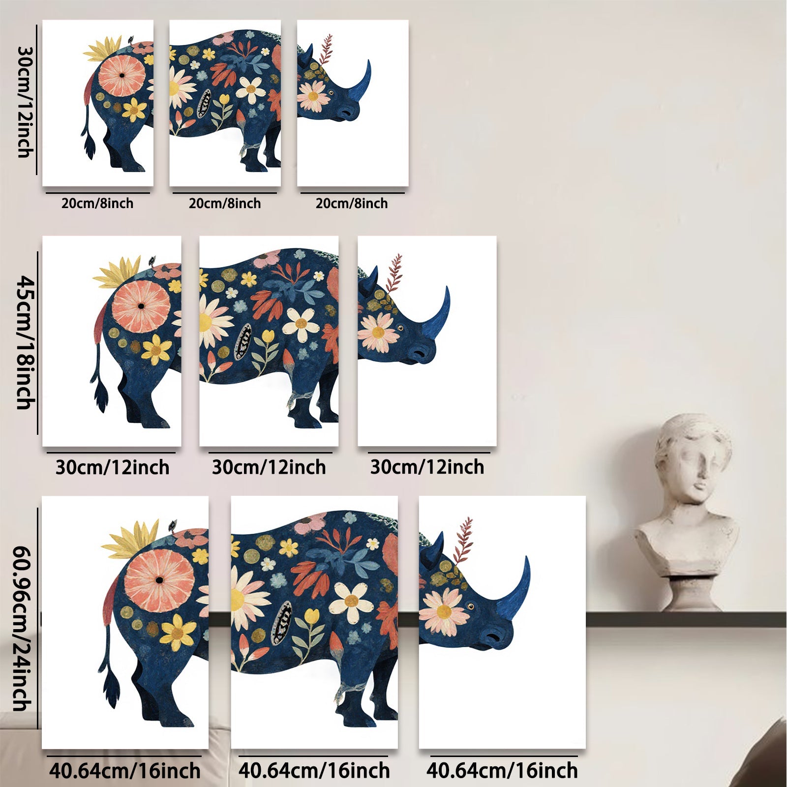 2D flat 1pc whimsical floral rhino animal wall art canvas print bedroom living room decor farmhouse style modern gallery wrapped timeless elegance