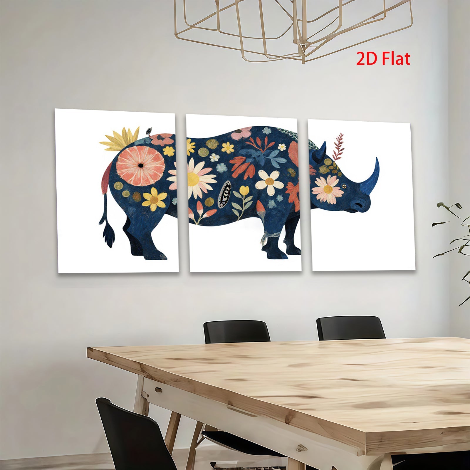 2D flat 1pc whimsical floral rhino animal wall art canvas print bedroom living room decor farmhouse style modern gallery wrapped timeless elegance