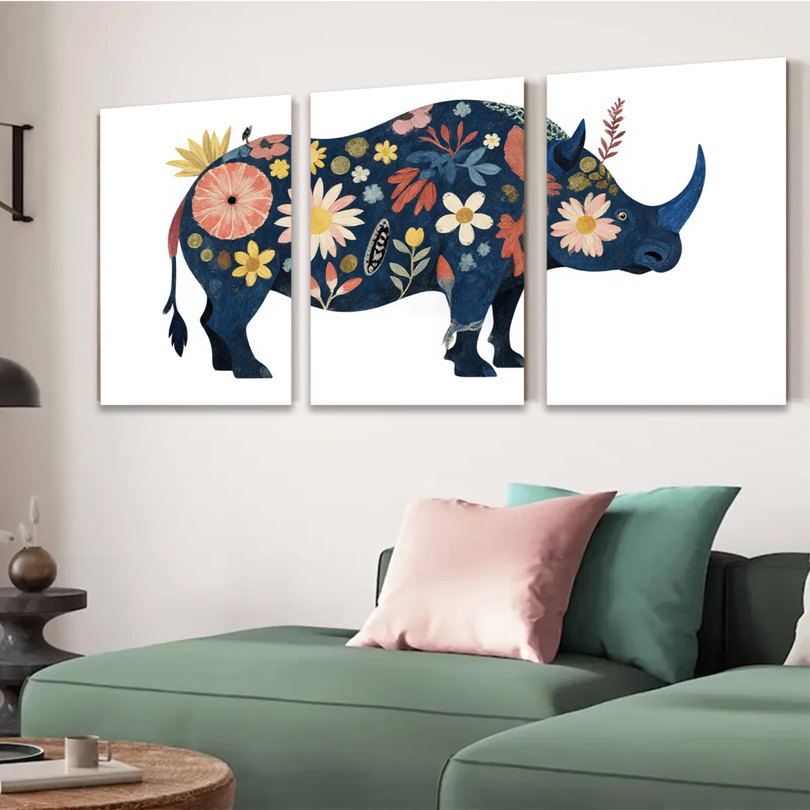 2D flat 1pc whimsical floral rhino animal wall art canvas print bedroom living room decor farmhouse style modern gallery wrapped timeless elegance