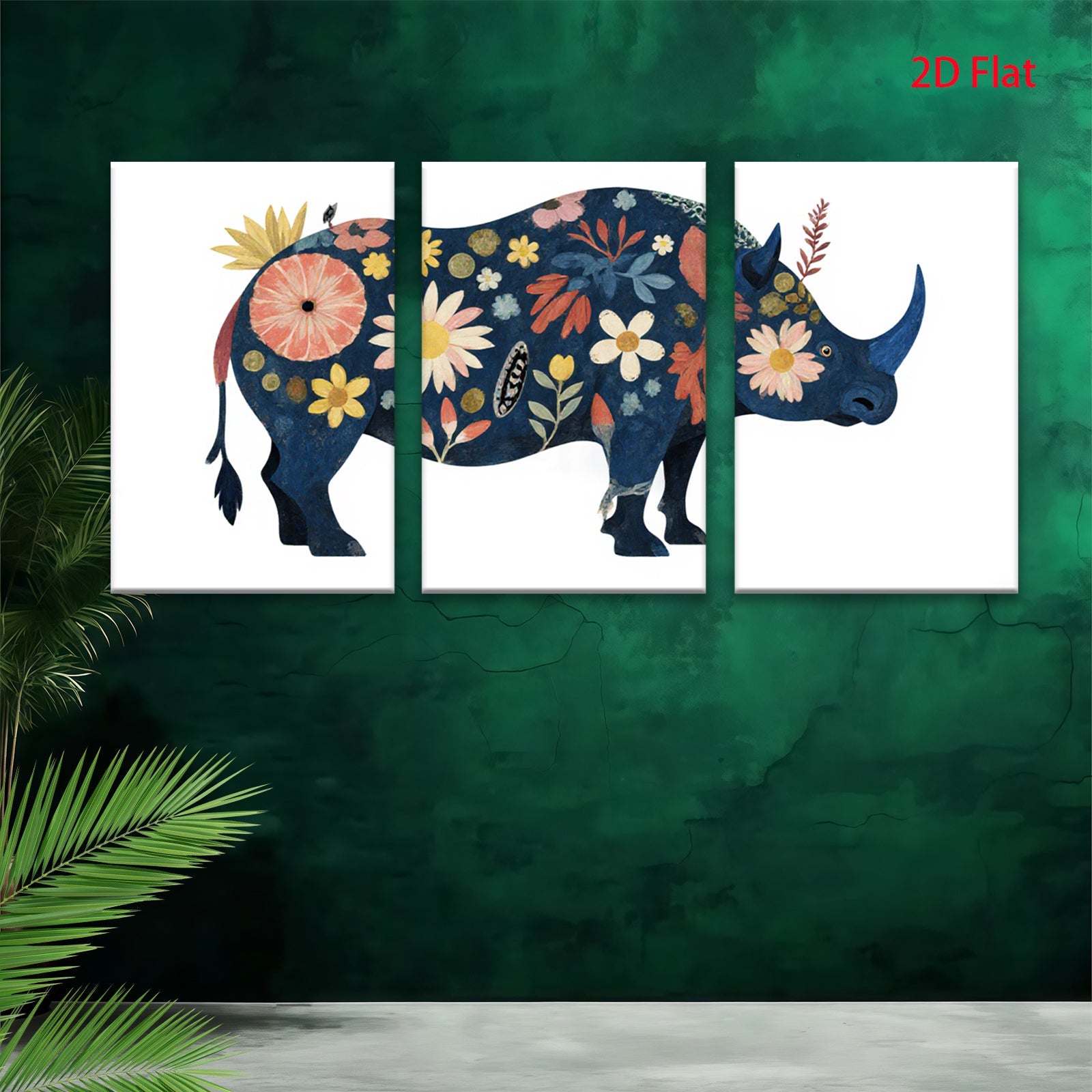 2D flat 1pc whimsical floral rhino animal wall art canvas print bedroom living room decor farmhouse style modern gallery wrapped timeless elegance