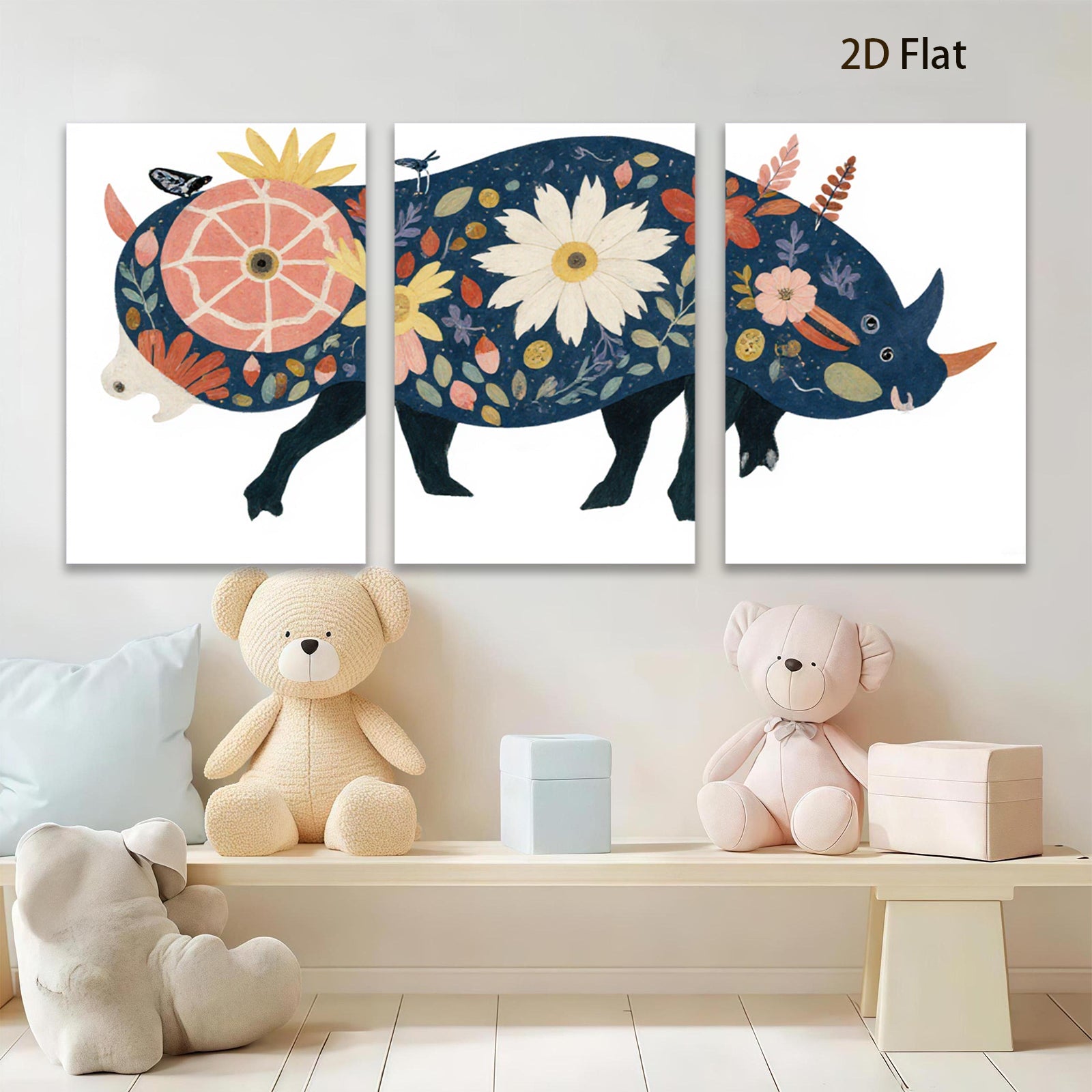 2D flat 1pc whimsical floral rhinoceros wall art canvas prints for bedroom living room home decor farmhouse style modern aesthetic gallery wrapped