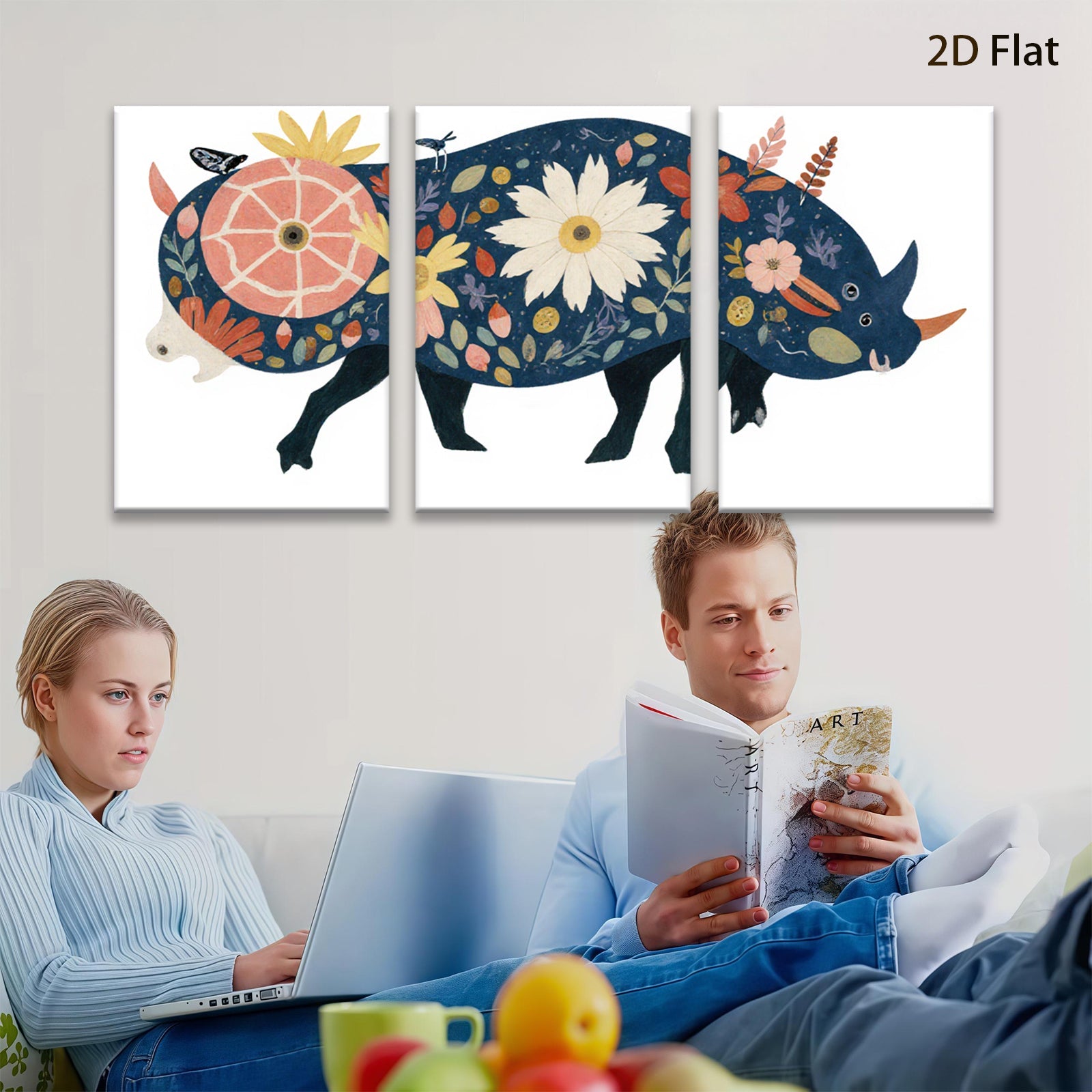 2D flat 1pc whimsical floral rhinoceros wall art canvas prints for bedroom living room home decor farmhouse style modern aesthetic gallery wrapped