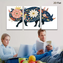 2D flat 1pc whimsical floral rhinoceros wall art canvas prints for bedroom living room home decor farmhouse style modern aesthetic gallery wrapped