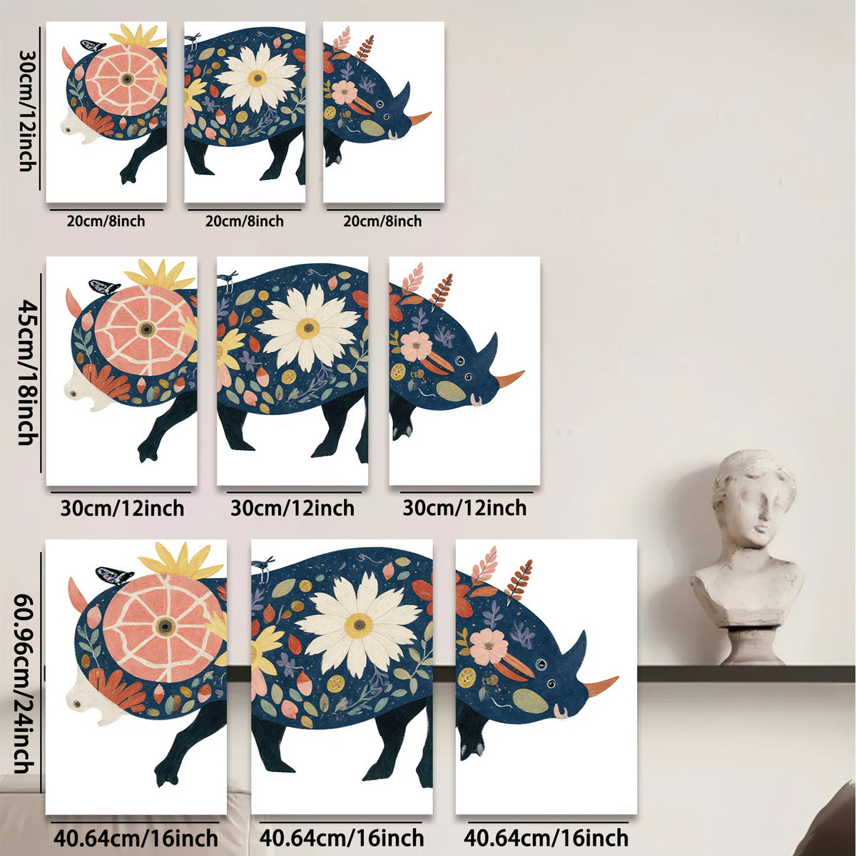 2D flat 1pc whimsical floral rhinoceros wall art canvas prints for bedroom living room home decor farmhouse style modern aesthetic gallery wrapped