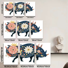 2D flat 1pc whimsical floral rhinoceros wall art canvas prints for bedroom living room home decor farmhouse style modern aesthetic gallery wrapped