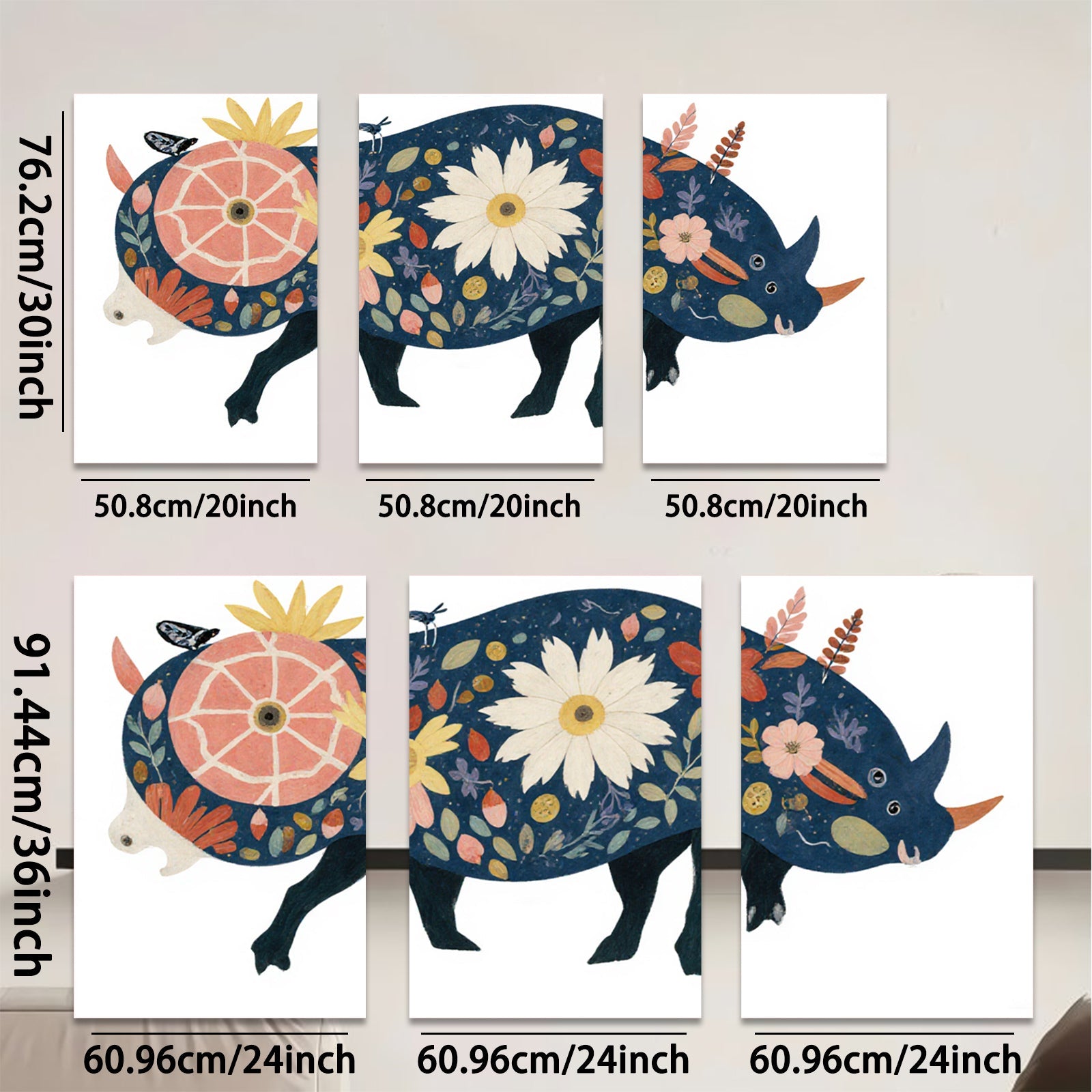 2D flat 1pc whimsical floral rhinoceros wall art canvas prints for bedroom living room home decor farmhouse style modern aesthetic gallery wrapped