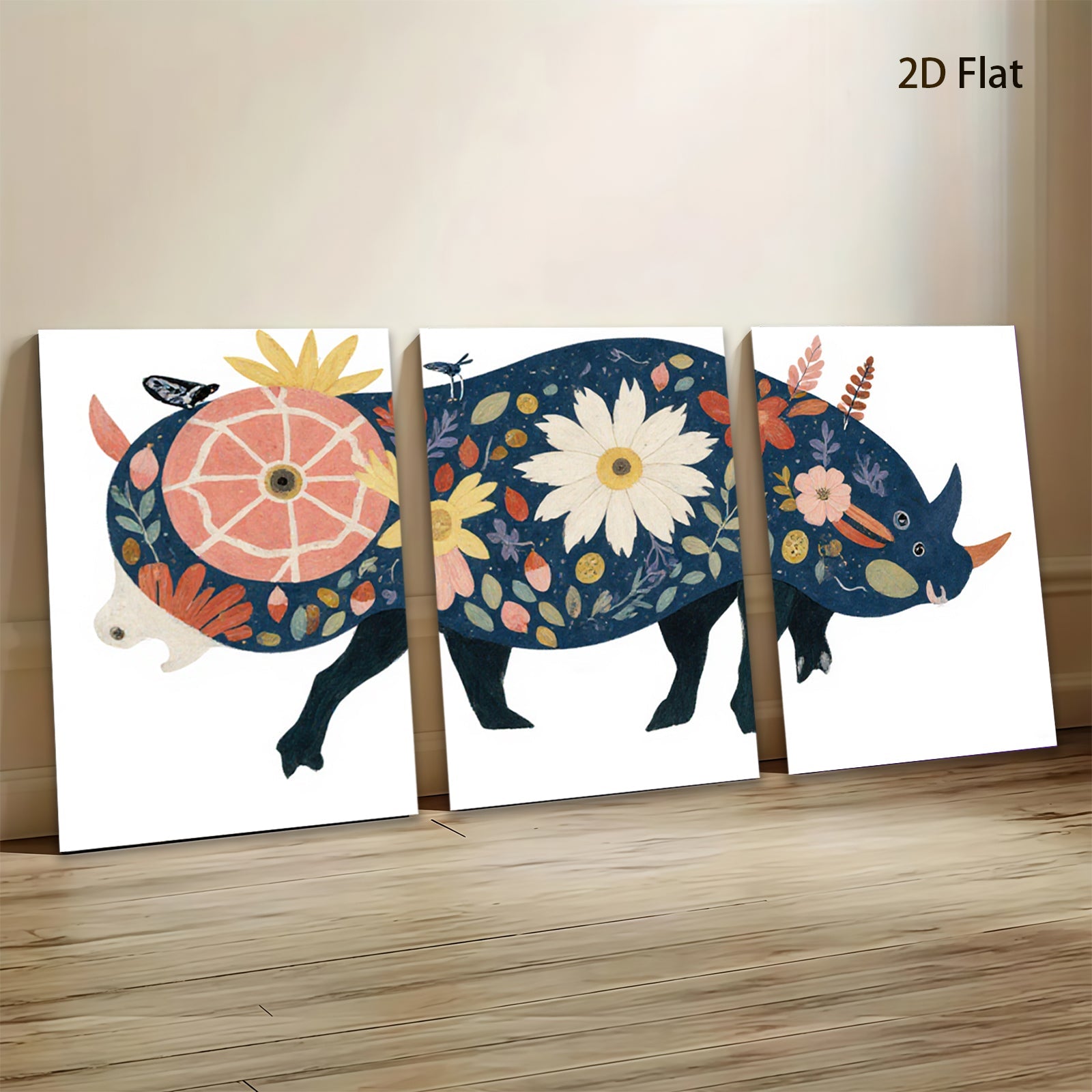 2D flat 1pc whimsical floral rhinoceros wall art canvas prints for bedroom living room home decor farmhouse style modern aesthetic gallery wrapped