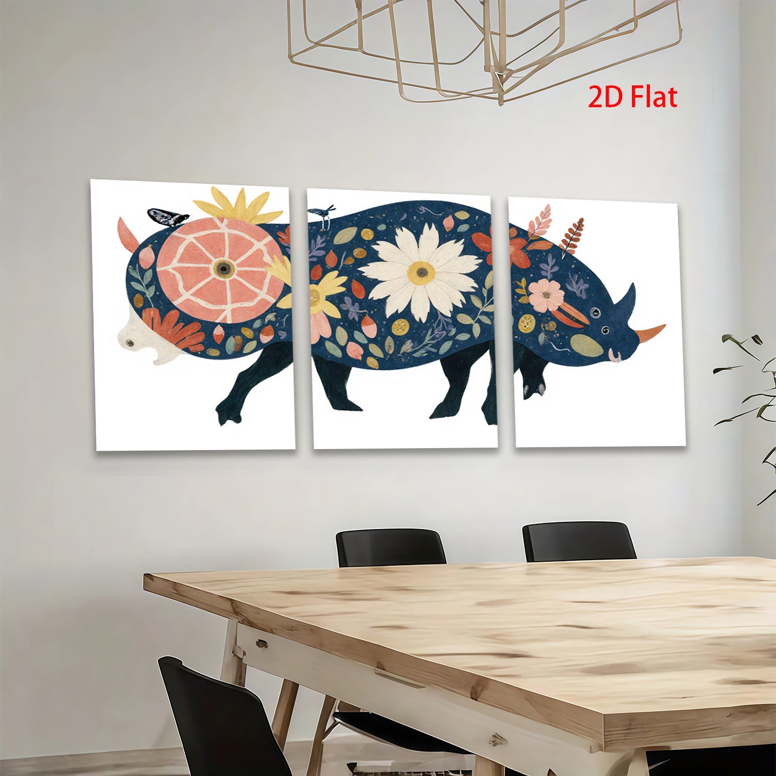2D flat 1pc whimsical floral rhinoceros wall art canvas prints for bedroom living room home decor farmhouse style modern aesthetic gallery wrapped