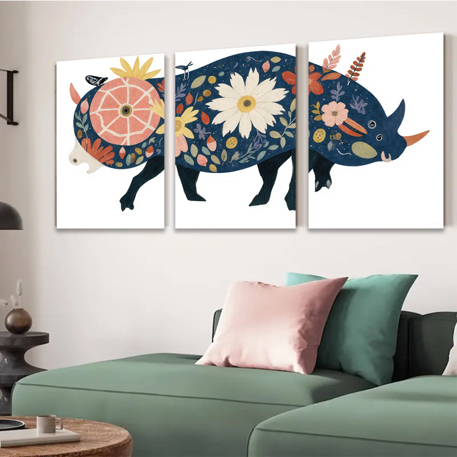 2D flat 1pc whimsical floral rhinoceros wall art canvas prints for bedroom living room home decor farmhouse style modern aesthetic gallery wrapped
