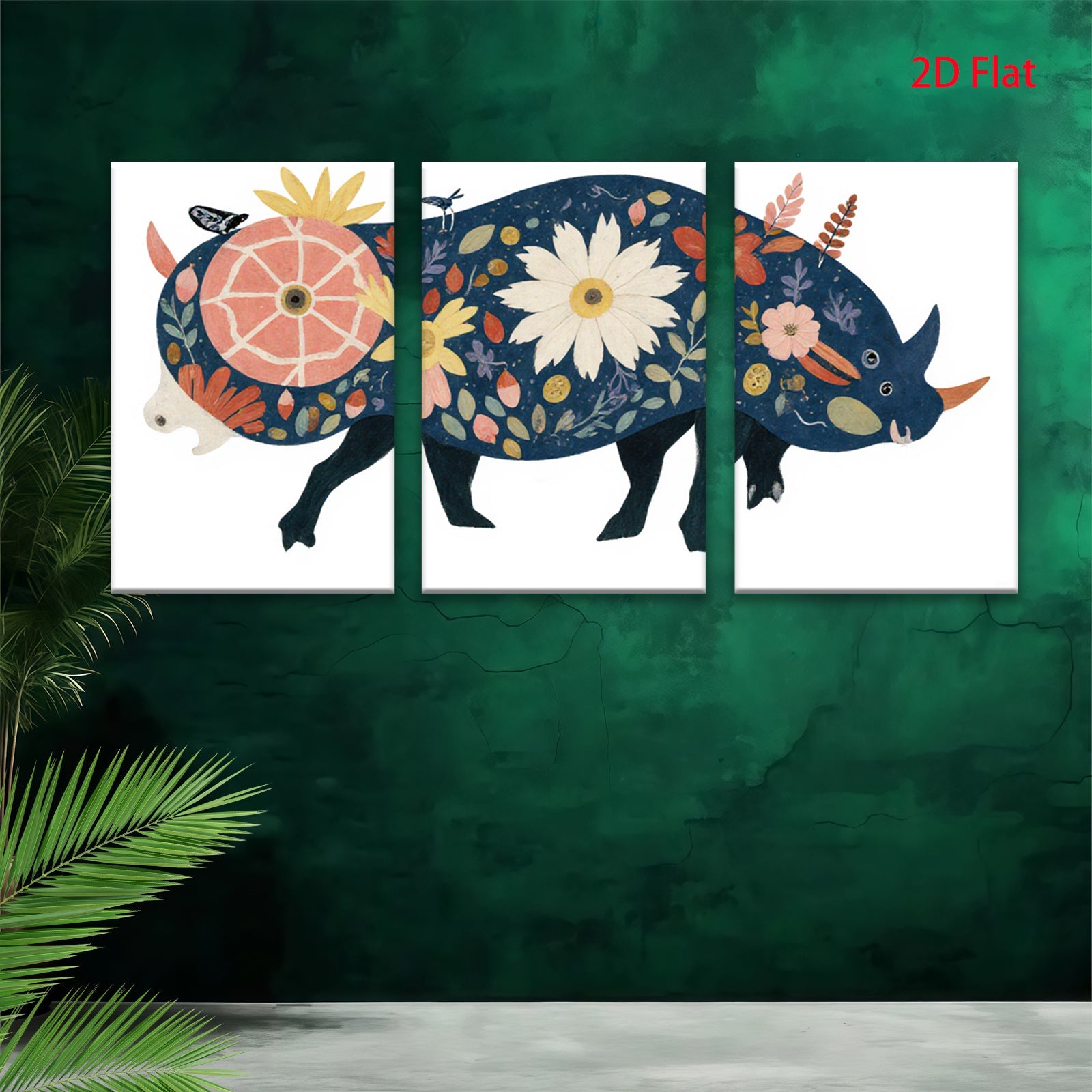2D flat 1pc whimsical floral rhinoceros wall art canvas prints for bedroom living room home decor farmhouse style modern aesthetic gallery wrapped