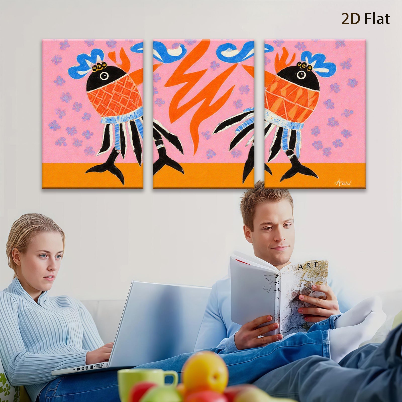2D flat 1pc whimsical folk art birds bring vibrant color to modern farmhouse gallery wall decor coastal living room statement piece