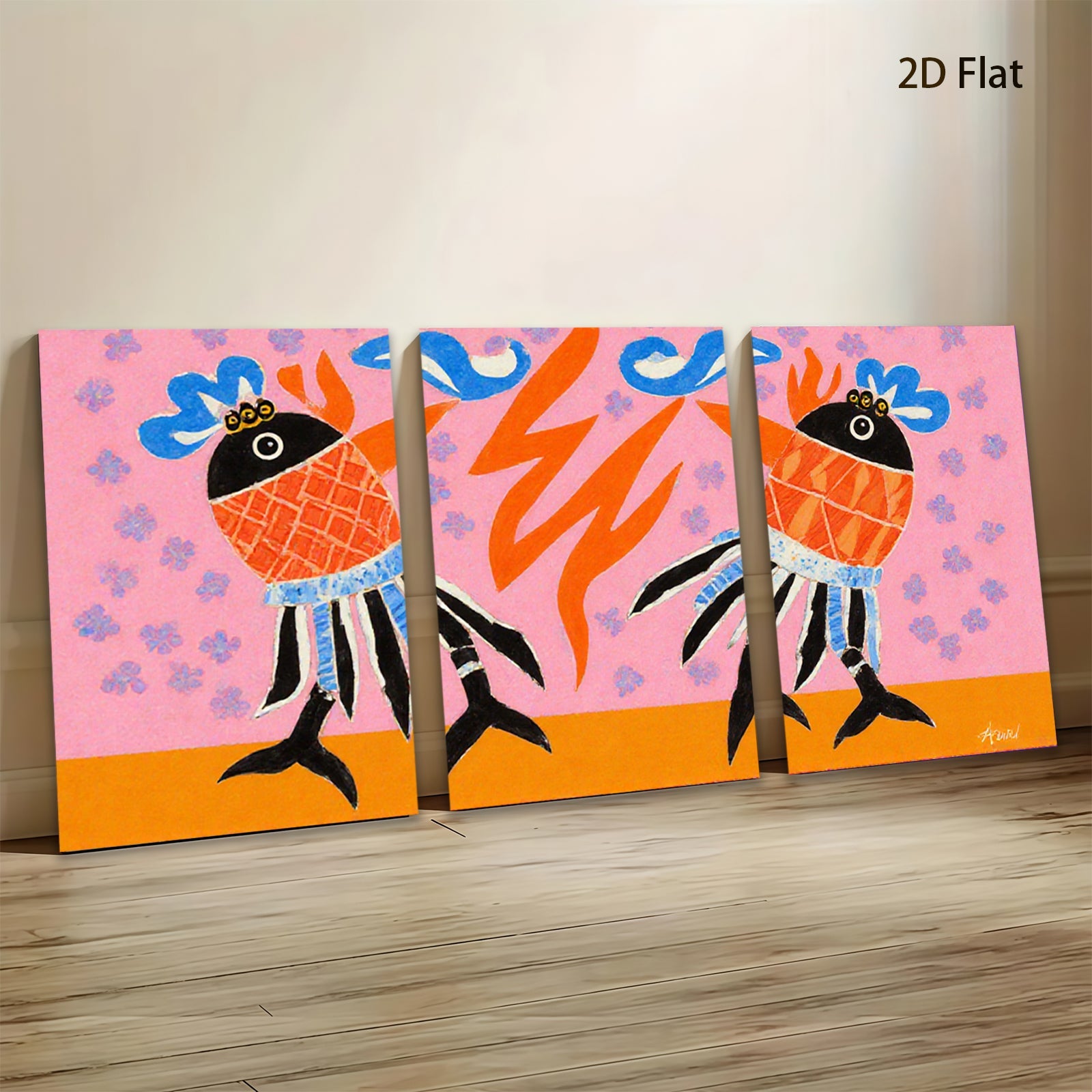 2D flat 1pc whimsical folk art birds bring vibrant color to modern farmhouse gallery wall decor coastal living room statement piece