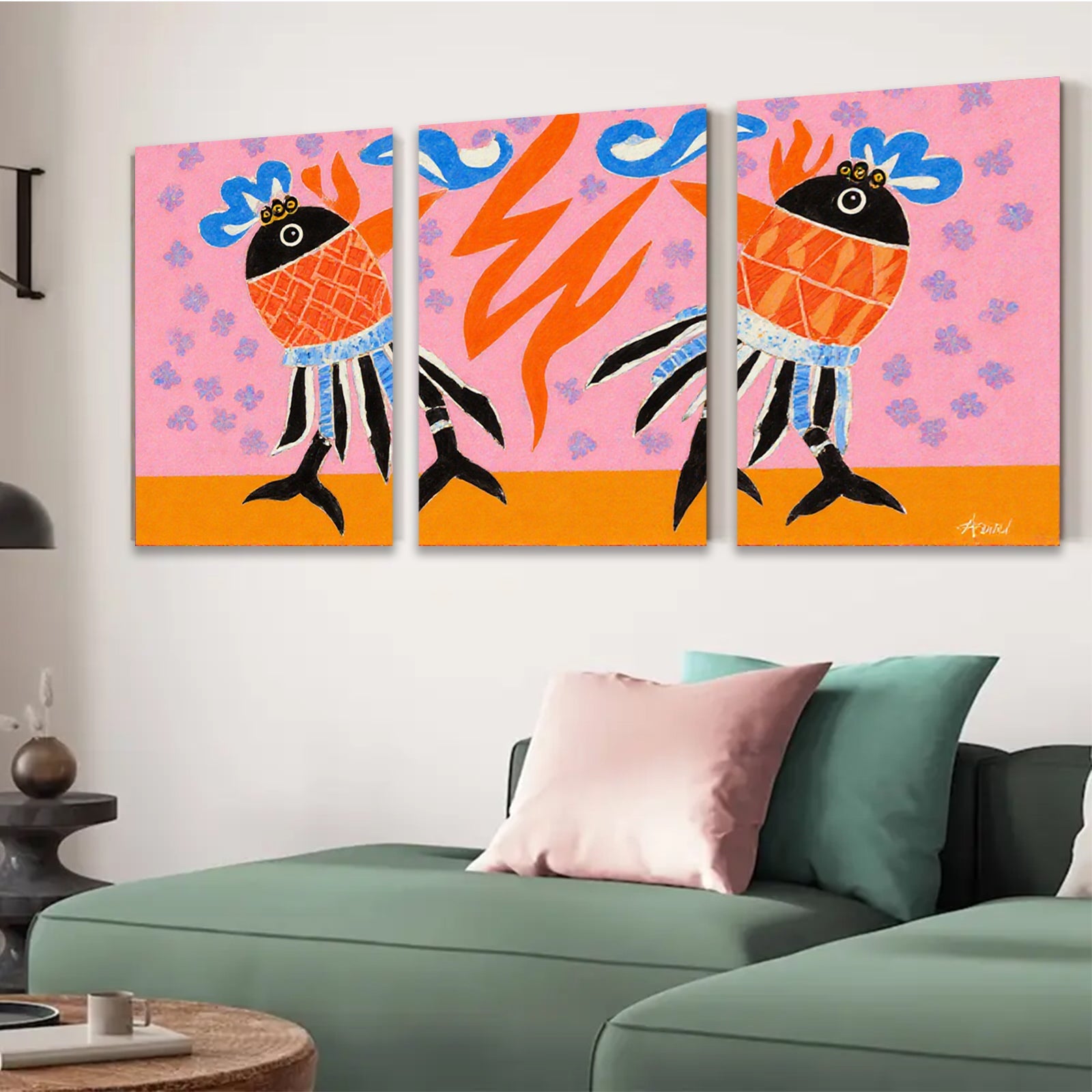 2D flat 1pc whimsical folk art birds bring vibrant color to modern farmhouse gallery wall decor coastal living room statement piece