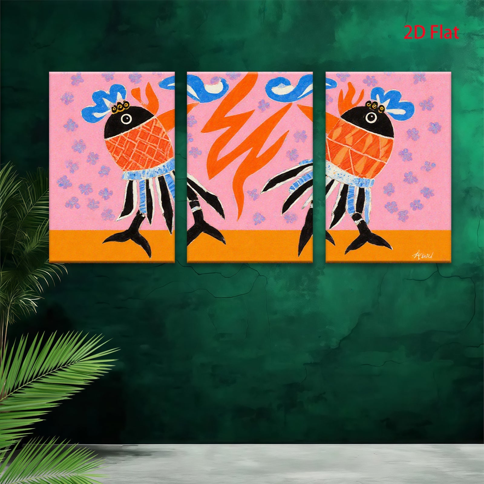 2D flat 1pc whimsical folk art birds bring vibrant color to modern farmhouse gallery wall decor coastal living room statement piece