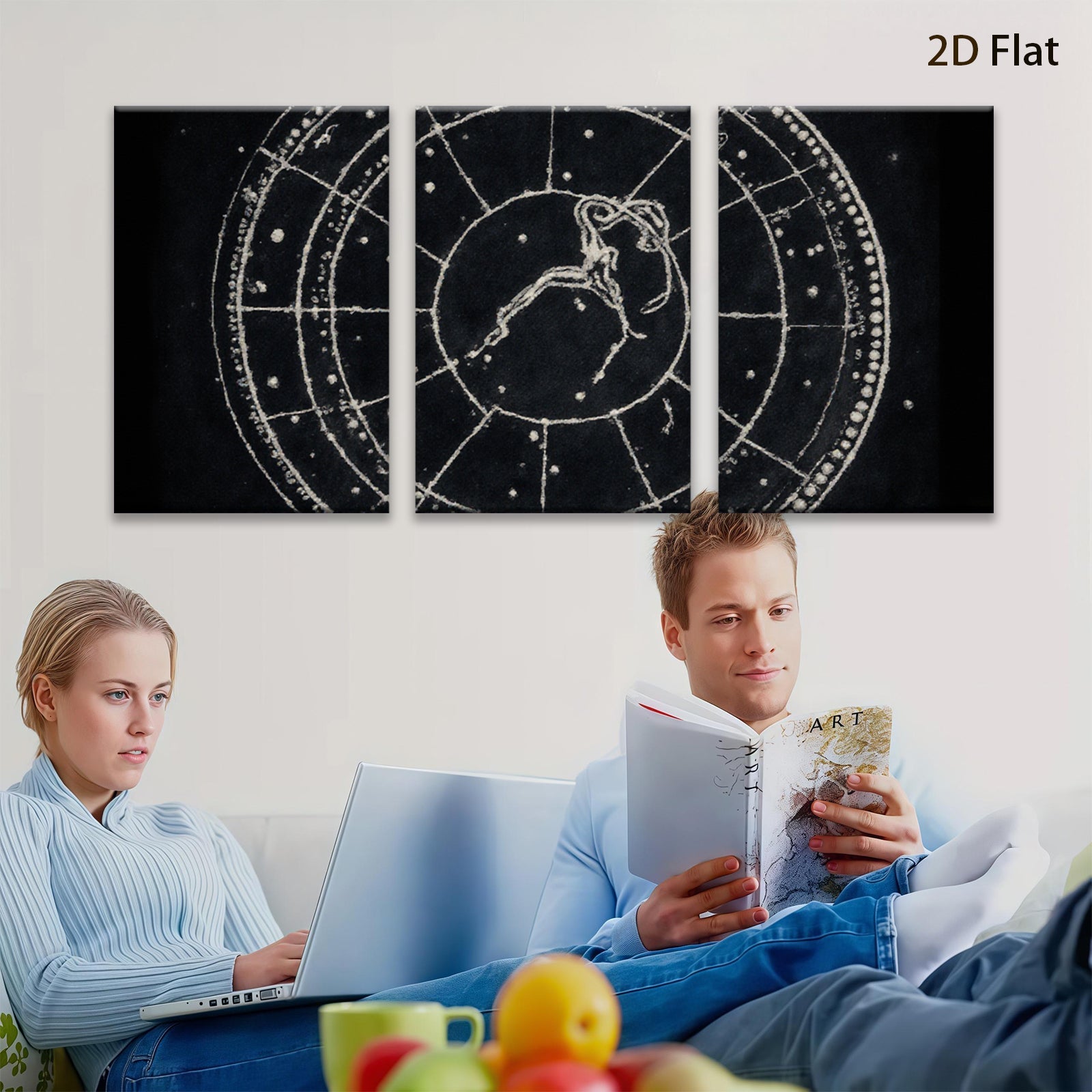 2D flat 1pc whimsical folk art etching celestial zodiac animal print farmhouse wall decor gallery wrapped canvas prints bedroom living room