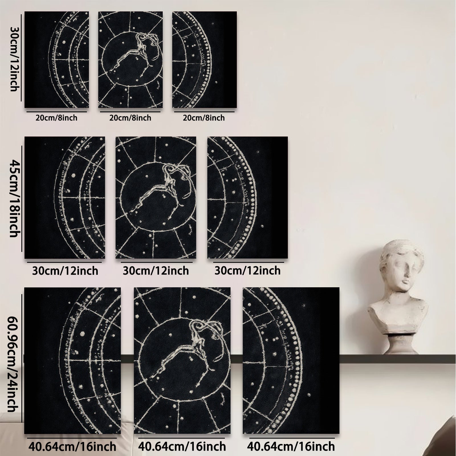 2D flat 1pc whimsical folk art etching celestial zodiac animal print farmhouse wall decor gallery wrapped canvas prints bedroom living room