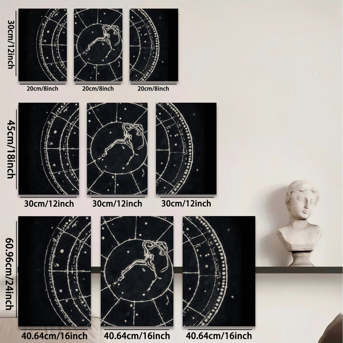 2D flat 1pc whimsical folk art etching celestial zodiac animal print farmhouse wall decor gallery wrapped canvas prints bedroom living room