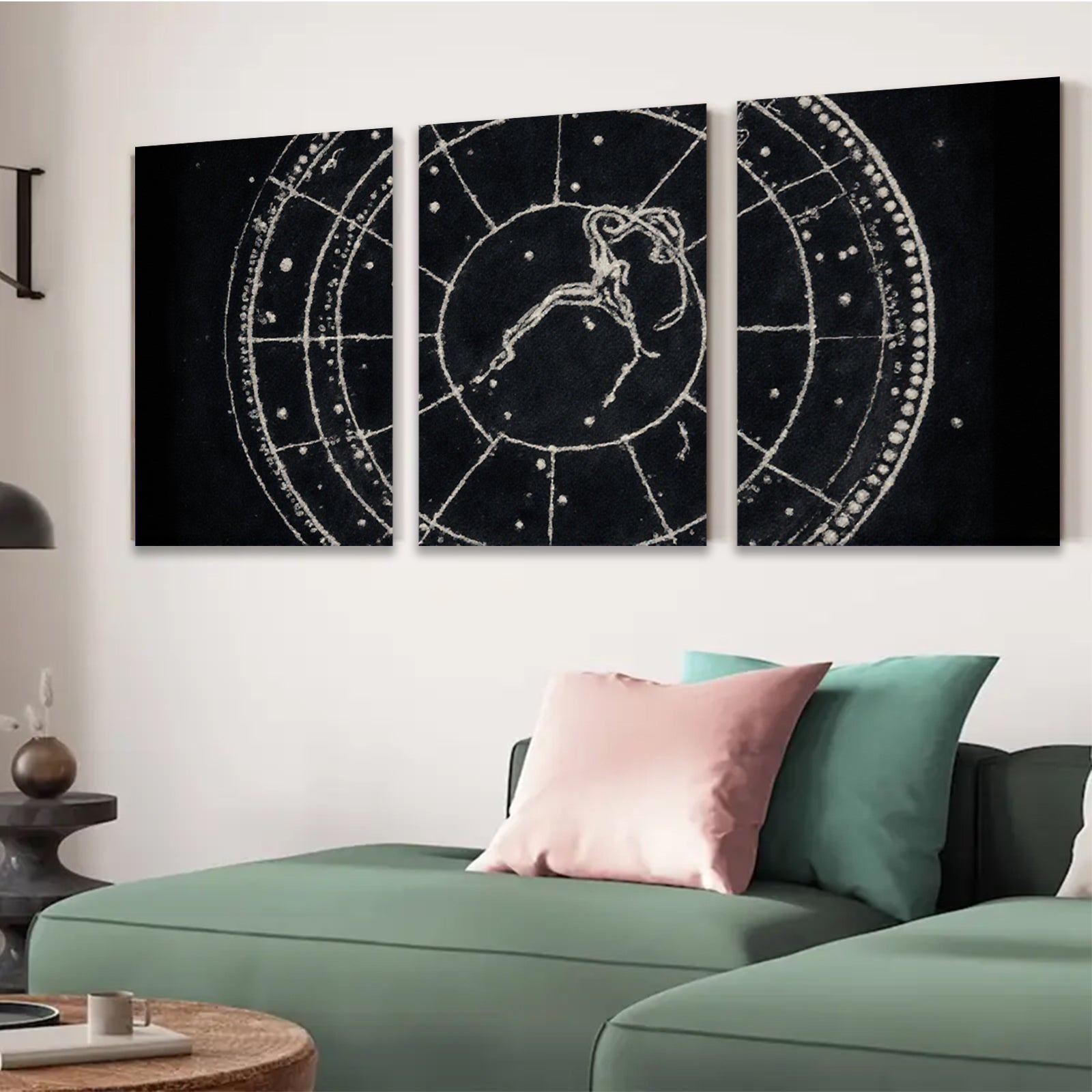 2D flat 1pc whimsical folk art etching celestial zodiac animal print farmhouse wall decor gallery wrapped canvas prints bedroom living room