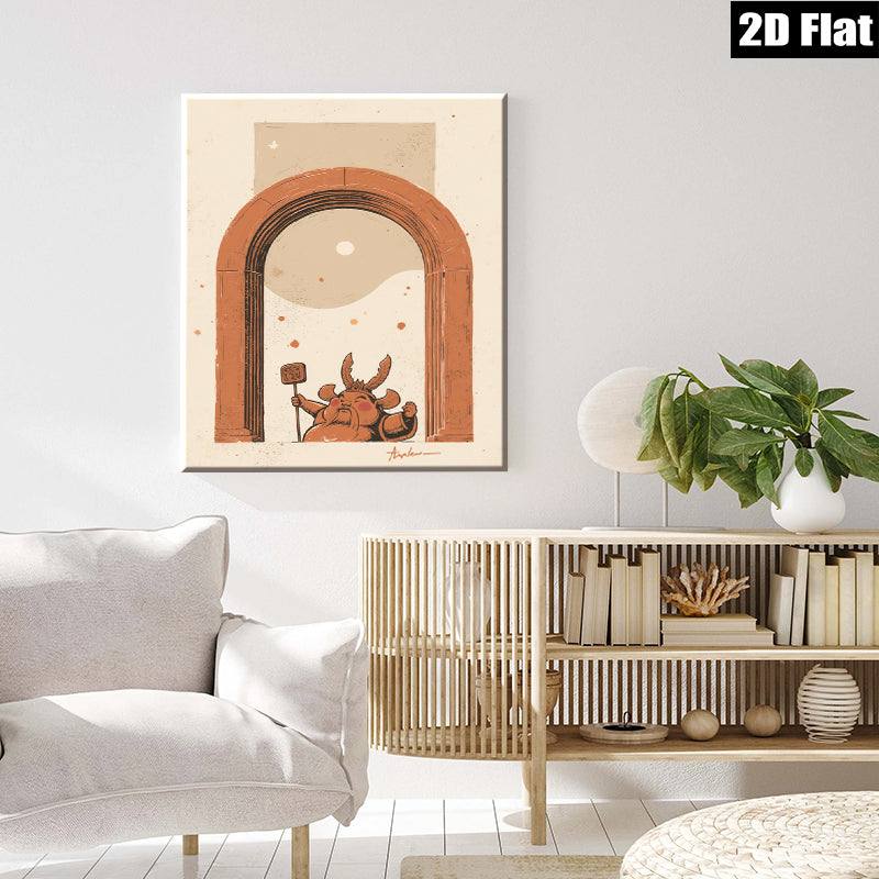 2D flat 1pc whimsical folk art guardian statue entryway decor farmhouse wall art living room bedroom gallery wrapped canvas print modern minimalist aesthetic
