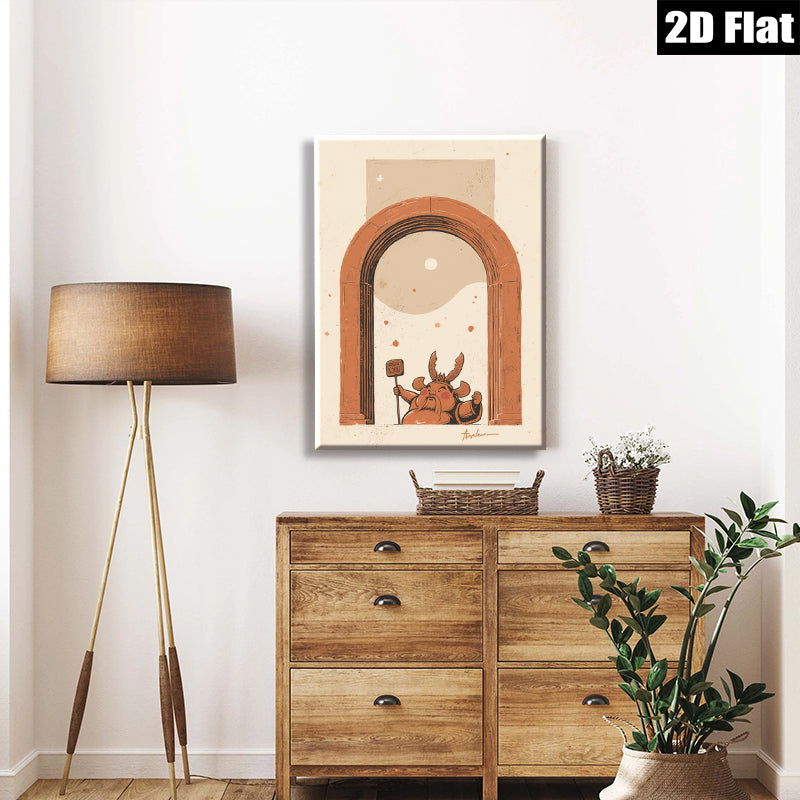 2D flat 1pc whimsical folk art guardian statue entryway decor farmhouse wall art living room bedroom gallery wrapped canvas print modern minimalist aesthetic