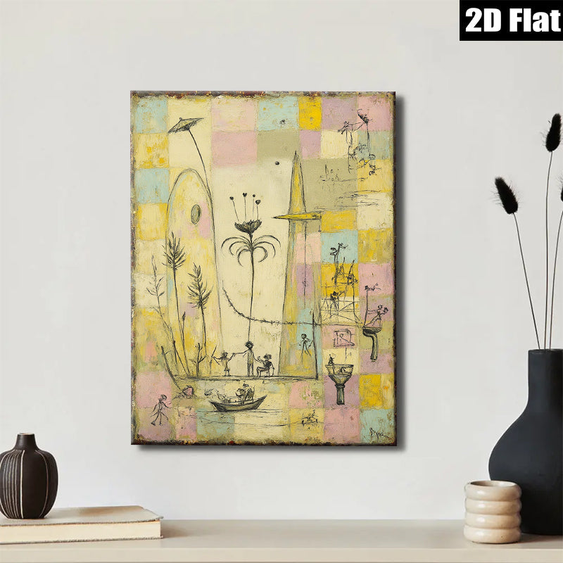 2D flat 1pc whimsical folk art scene featuring tiny figures boating dancing under sunny skies perfect for living room bedroom gallery wall decor farmhouse style