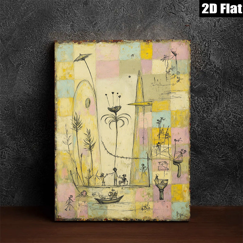 2D flat 1pc whimsical folk art scene featuring tiny figures boating dancing under sunny skies perfect for living room bedroom gallery wall decor farmhouse style