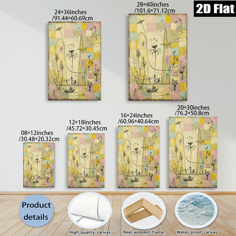 2D flat 1pc whimsical folk art scene featuring tiny figures boating dancing under sunny skies perfect for living room bedroom gallery wall decor farmhouse style