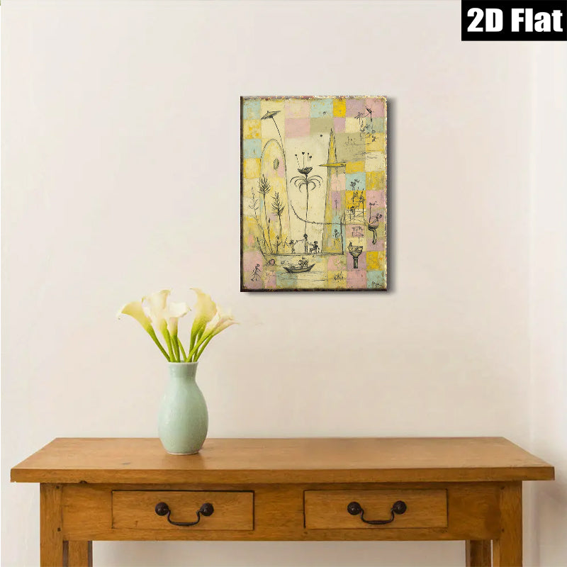 2D flat 1pc whimsical folk art scene featuring tiny figures boating dancing under sunny skies perfect for living room bedroom gallery wall decor farmhouse style