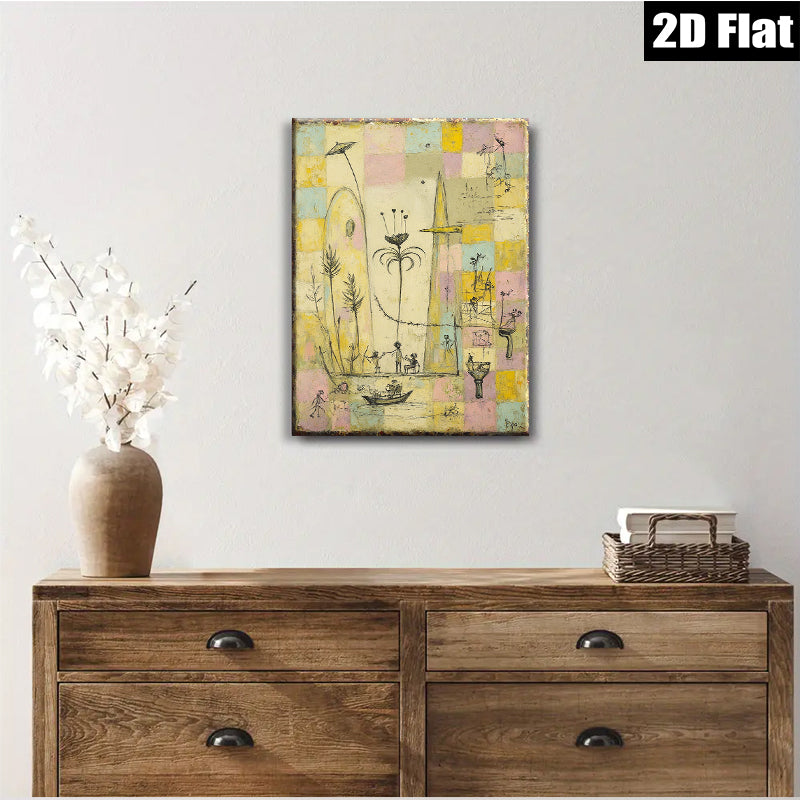 2D flat 1pc whimsical folk art scene featuring tiny figures boating dancing under sunny skies perfect for living room bedroom gallery wall decor farmhouse style