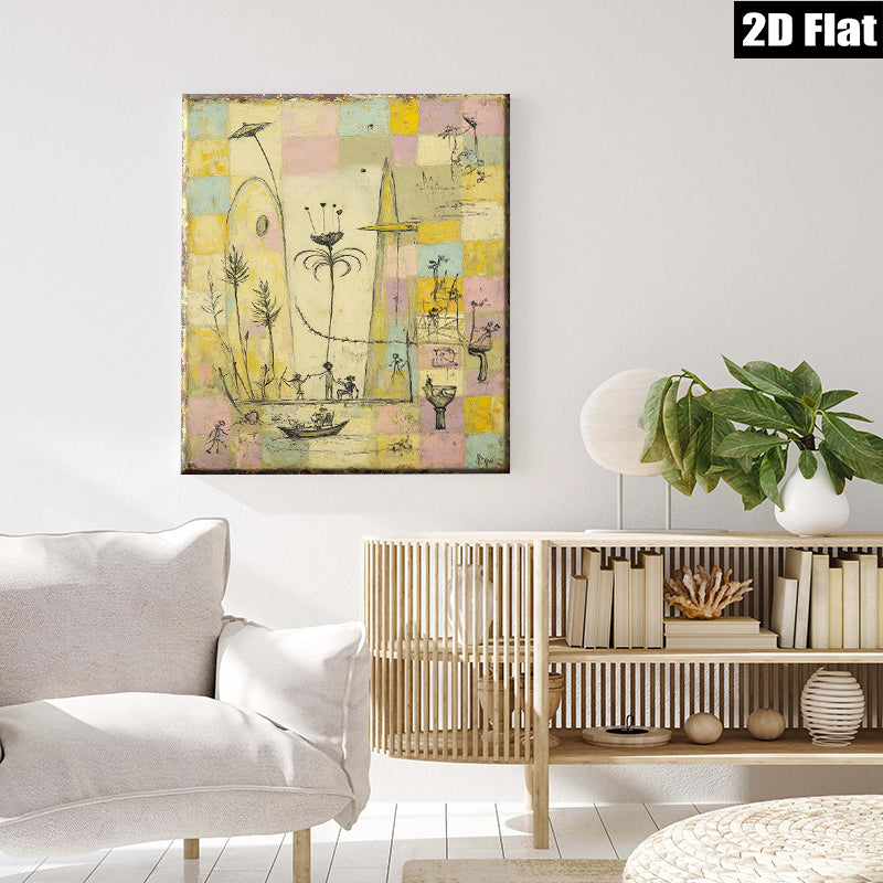 2D flat 1pc whimsical folk art scene featuring tiny figures boating dancing under sunny skies perfect for living room bedroom gallery wall decor farmhouse style