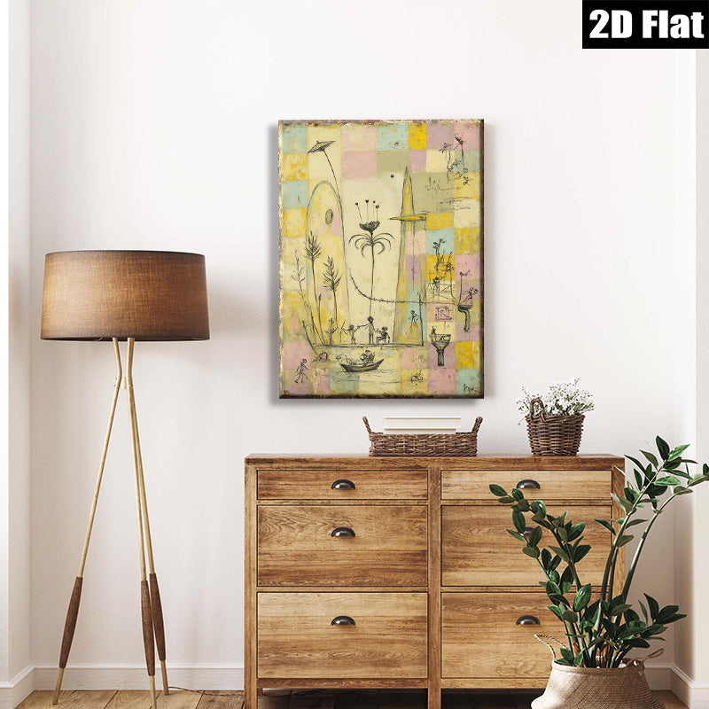 2D flat 1pc whimsical folk art scene featuring tiny figures boating dancing under sunny skies perfect for living room bedroom gallery wall decor farmhouse style