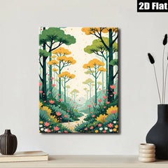 2D flat 1pc whimsical forest path blooming wildflowers serene landscape wall art bedroom living room gallery wrapped canvas modern farmhouse decor