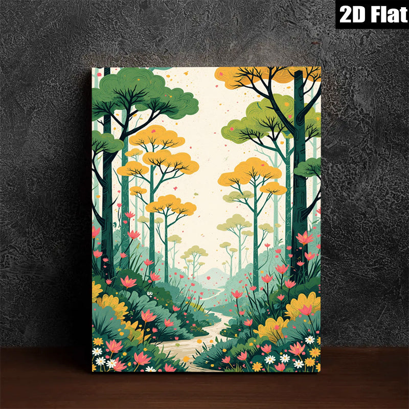 2D flat 1pc whimsical forest path blooming wildflowers serene landscape wall art bedroom living room gallery wrapped canvas modern farmhouse decor