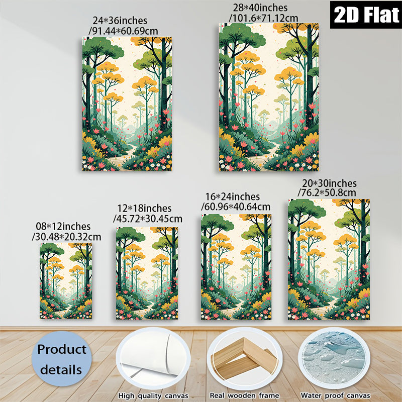 2D flat 1pc whimsical forest path blooming wildflowers serene landscape wall art bedroom living room gallery wrapped canvas modern farmhouse decor