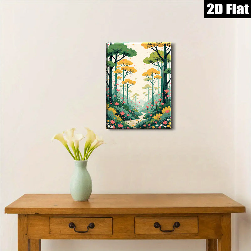 2D flat 1pc whimsical forest path blooming wildflowers serene landscape wall art bedroom living room gallery wrapped canvas modern farmhouse decor