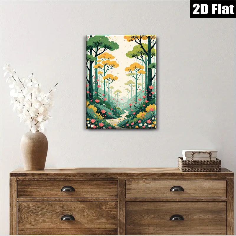 2D flat 1pc whimsical forest path blooming wildflowers serene landscape wall art bedroom living room gallery wrapped canvas modern farmhouse decor
