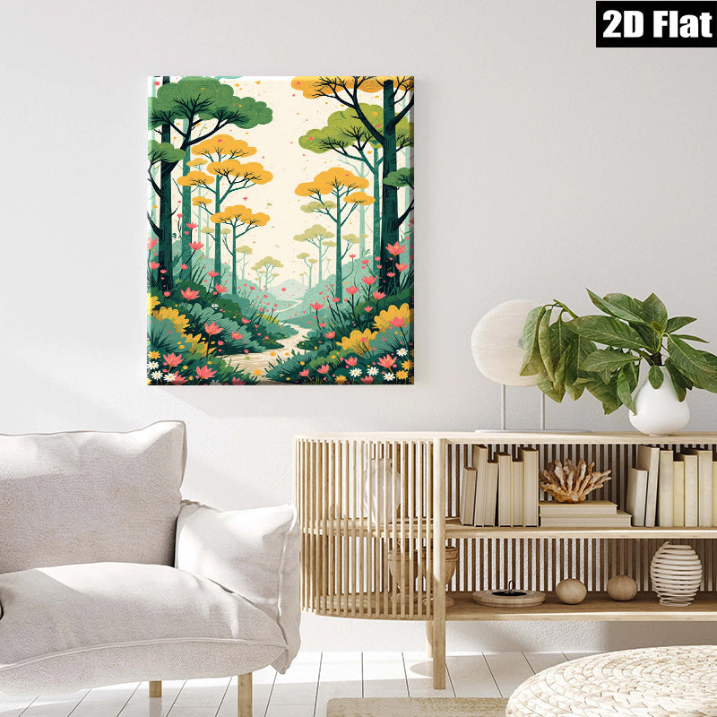 2D flat 1pc whimsical forest path blooming wildflowers serene landscape wall art bedroom living room gallery wrapped canvas modern farmhouse decor