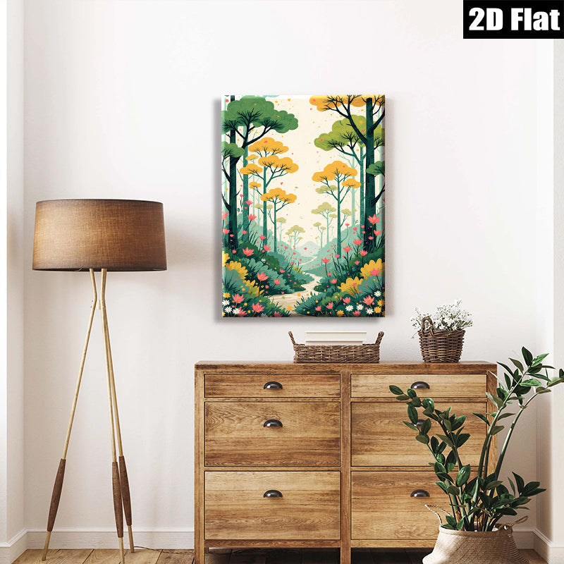 2D flat 1pc whimsical forest path blooming wildflowers serene landscape wall art bedroom living room gallery wrapped canvas modern farmhouse decor