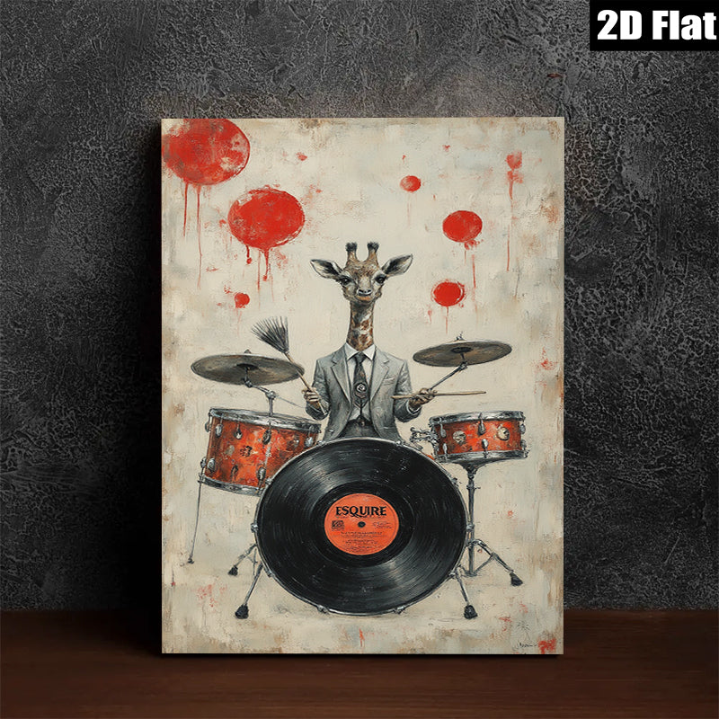 2D flat 1pc whimsical giraffe drummer portrait canvas wall art for living room bedroom music studio modern farmhouse decor gallery wrapped ready to hang