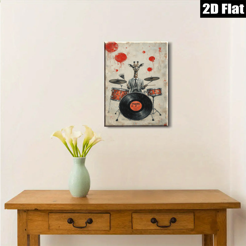 2D flat 1pc whimsical giraffe drummer portrait canvas wall art for living room bedroom music studio modern farmhouse decor gallery wrapped ready to hang