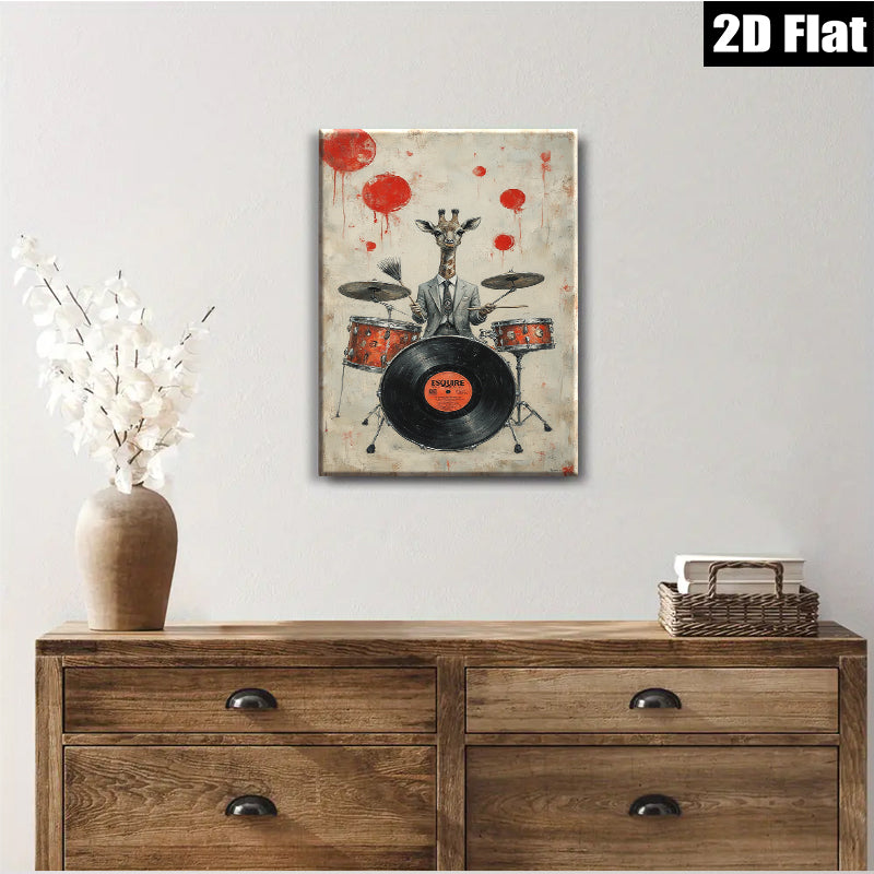 2D flat 1pc whimsical giraffe drummer portrait canvas wall art for living room bedroom music studio modern farmhouse decor gallery wrapped ready to hang