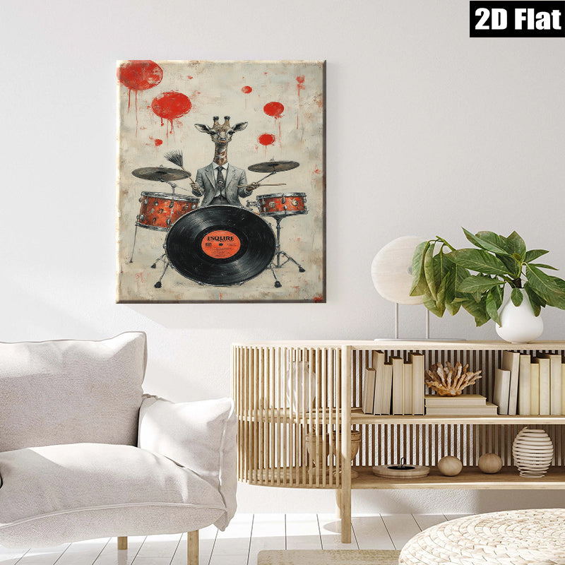 2D flat 1pc whimsical giraffe drummer portrait canvas wall art for living room bedroom music studio modern farmhouse decor gallery wrapped ready to hang
