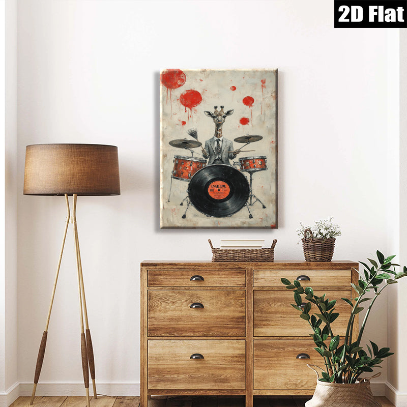 2D flat 1pc whimsical giraffe drummer portrait canvas wall art for living room bedroom music studio modern farmhouse decor gallery wrapped ready to hang
