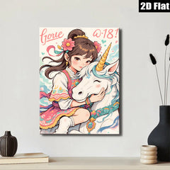2D flat 1pc whimsical girl embraces unicorn pastel nursery decor bedroom wall art canvas prints for kids room playroom modern farmhouse style