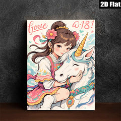 2D flat 1pc whimsical girl embraces unicorn pastel nursery decor bedroom wall art canvas prints for kids room playroom modern farmhouse style