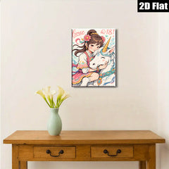 2D flat 1pc whimsical girl embraces unicorn pastel nursery decor bedroom wall art canvas prints for kids room playroom modern farmhouse style