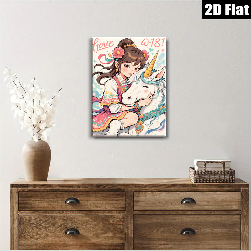 2D flat 1pc whimsical girl embraces unicorn pastel nursery decor bedroom wall art canvas prints for kids room playroom modern farmhouse style
