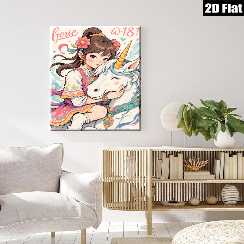 2D flat 1pc whimsical girl embraces unicorn pastel nursery decor bedroom wall art canvas prints for kids room playroom modern farmhouse style