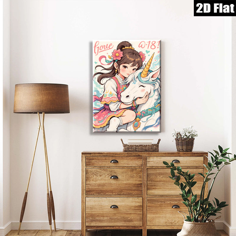2D flat 1pc whimsical girl embraces unicorn pastel nursery decor bedroom wall art canvas prints for kids room playroom modern farmhouse style