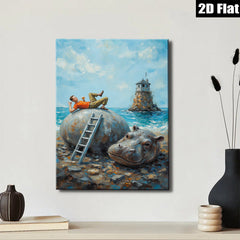 2D flat 1pc whimsical hippo beach daydream coastal wall art for living room bedroom office decor farmhouse style modern art
